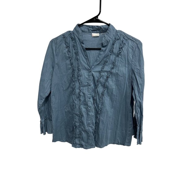 No Boundaries Button Front Ruffle Chambray Shirt Blue Embellished Career OffIce - Picture 1 of 9